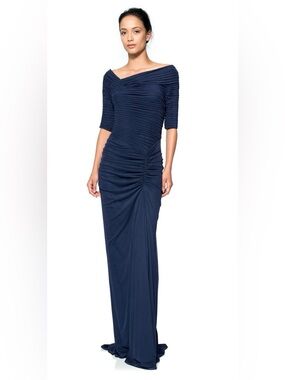 Tadashi Shoji Navy Ruched Off-Shoulder Maxi Dress